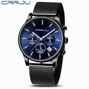 CRRJU Watch for Men Luxury Quartz Dial Sport Watches Chronograph Clock Mesh Belt Wrist Watch 2266