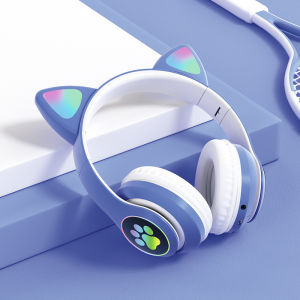 หูฟังบลูทูธสีม่วง ชุดหูฟังไร้สาย Purple Blue Black Green Pink Cat Ear Headset Bluetooth Headphones Game Card FM Call Gaming with Noise Cancellation Wireless Earphone Bluetooth Animal