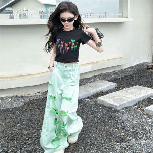 Teenage Girls Clothing Sets New Fashion Colorful Butterfly Crop Top+Hole Wide Leg Jeans 2PCS Childrens Hot Deals Outfits 12 14Y h260702