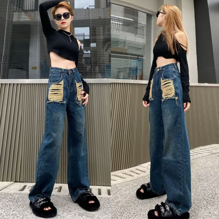 Free Shipping)American Style Retro Wide Leg High Waist Jeans Pants