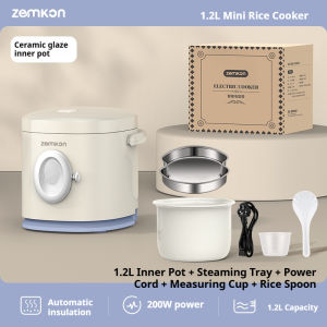(Malaysia Plug)Zemkon 1.2L Mini Rice Cooker Small 0 Coating Ceramic Inner Liner Stainless Steel Steamer For 1-2 People 200W Dormitory Can Use