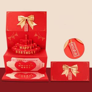 OUTOPEN bao lì xì tết 2027 6/8/10 Khe cắm Thiệp sinh nhật bánh kem 3D Những lời chúc tốt đẹp nhất Phong cách Trung Quốc Gói gấp Sáng tạo Giấy Thiệp phong bì đỏ Quà tặng tiệc sinh nhật