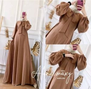 AZHRIFA FASHION-Gamis aluna gown simpel wanita remaja dewasa terbaru bahan crinkle realpict L XL2023