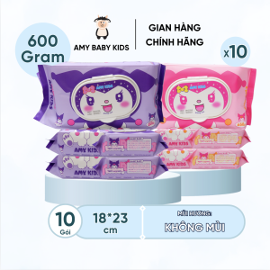 Thùng 10 Gói Khăn Giấy Ướt 600Gr Amy Kids Không Mùi An Toàn Cho Bé Gói Hồng & Tím