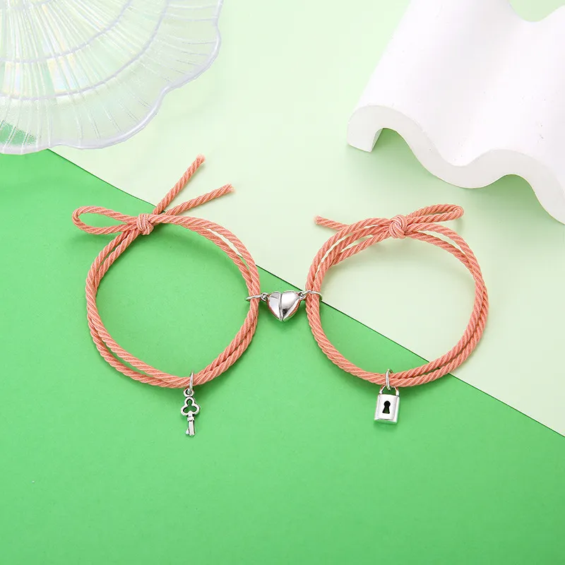 PrettySet】2 Pieces/ Set Couple Bracelet Alloy key Lock Heart