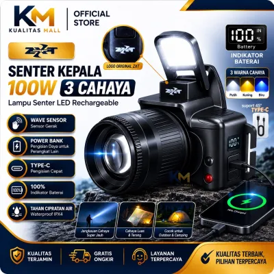 Senter Kepala ZXT-U8 LED Laser 100W 3 Cahaya Putih Kuning Biru Rechargeable USB Type C Zoom In Out Sensor Gerak Power Bank Outdoor