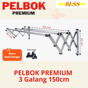 PELBOK PREMIUM JEMURAN BAJU PAKAIAN DINDING LIPAT STAINLESS STEEL RAK JEMURAN 3 GALANG