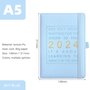 2024 Agenda Planner Diary Monthly side index A5 Daily Plan Notebook English Version PU Leather Schedules Notepad Office School Supplies