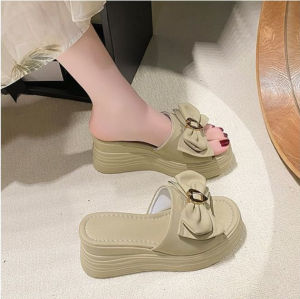 [Free Shipping] WomenS High-Heeled Slippers Summer Thick-Soled Outdoor Fashion Wedge Sandals Versatile Bow-Knot Platform Sandals