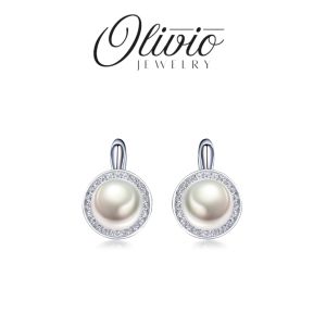 Olivio Sterling Silver Freshwater Pearl Halo Earrings with Cubic Zirconia for Bridal & Everyday Wear