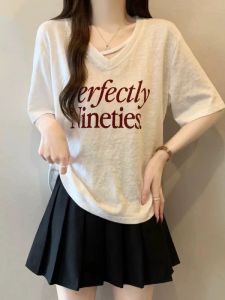 Thin V-Neck Short Sleeved T-Shirt For Women In Plus Size Fashionable Korean Version Loose And Irregular Commuting Sweet Summer