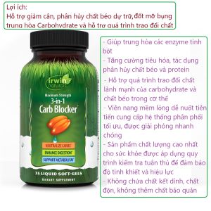 Thực phẩm chặn tinh bột 3 trong 1 mạnh nhất irwin naturals MAXIMUM STRENGTH 3 in 1 Carb Blocker 75 liquid soft gels của Mỹ