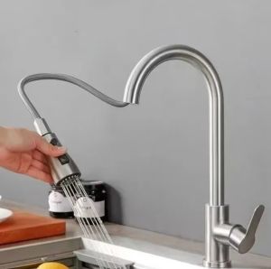 Stainless Steel Kitchen Faucet Single Hole Pull Out Spray 360 ° Swivel Sink Faucet High Arc Modern Design