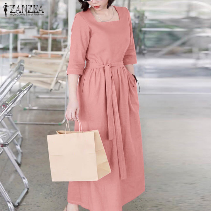 ZANZEA Korean Style Women Fashion Square Neck Dresses Three Quarter Sleeve  Solid A-Line Midi Dress #0224 Lazada PH