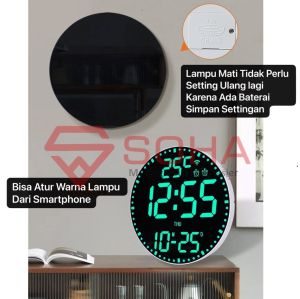 JD-17 Jam Dinding Digital Warna RGB Bisa Konek HP Wifi 12 / 24 Jam Hari Tanggal Suhu Temperator Alarm