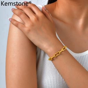 Kemstone Gold Stainless Steel Embossed Rectangle Chain Bracelet Necklace for Women Jewelry Set