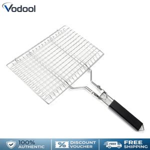 BBQ Grilling Basket Wooden Handle Outdoor Camping BBQ Rack Anti-Corrosion Vegetable Grill Basket with Detachable Handle for Household Outdoor Camping