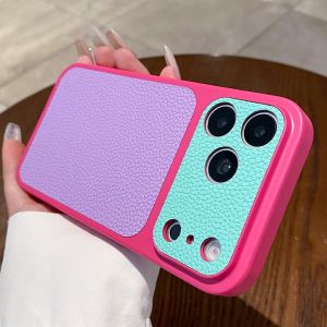 Double Color Lychee Leather Texture Case For iPhone 17 16 Plus 15 14 13 12 11 Pro Max Large Window Lens Protrection Matte Cover