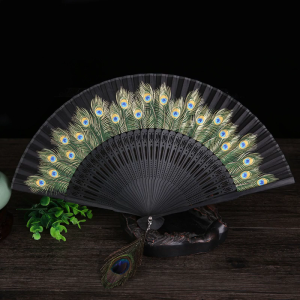 Vintage Silky Handheld Folding Fan Chinese Style Peacock Patterned Hand Fans