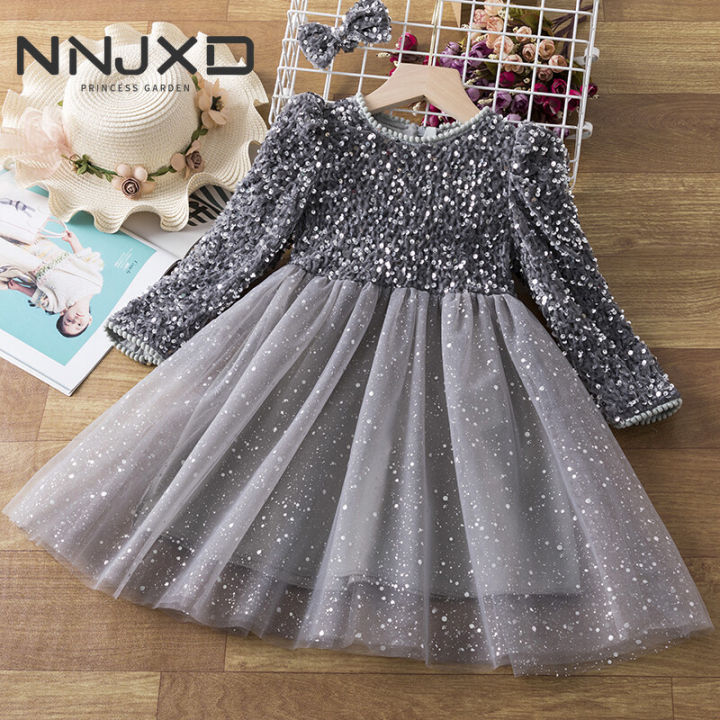 NNJXD Baby Girl Dress 3 8 Years Spring Autumn Long Sleeve Dress Sequin Dress Lace New Year s Dress Bow hairpin Birthday Weeding Party Wear Lazada