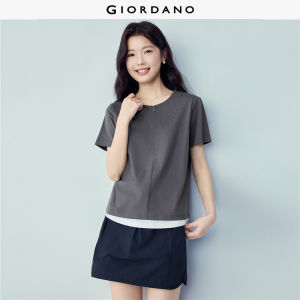 Giordano Beau Monde Women T-Shirt 100% Cotton Round Neck Short-Sleeve Colorblock Zip Regular-Fit Slight Stretch Free Shipping 13326272
