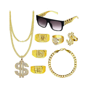 80s 90s Outfit Hip Hop Costume Kit Necklace Rings Sunglasses Cool Rapper Accessories Halloween Cosplay Costume Gifts