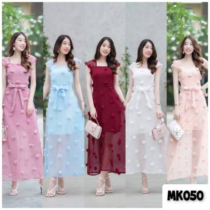 Set of 6 Sunset Palm Foil Tassel Maxi Dress (S,M,L)