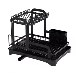 Stylish Efficient 2 Level Dish Organizers Craft from Sturdy Iron Materials with Water Draining Tray Home Organization