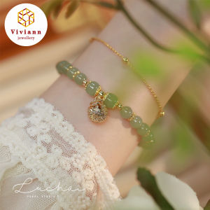 Viviann Original sterling silver Design Bell Hetian Jade Bracelet Summer Advanced Hand String Antique Jewelry Gold Bracelet For Women Korean Stone Pendant Adjustable Cuff Bracelets Anniversary Jewelry