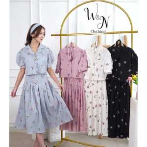 Setelan Rok Korea Lavanda Print Bunga FREE Bando 6018
