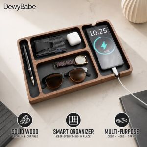 Wood Desktop Organizer Tray Solid Wood Divider Compartments Cable Phone Earphone Key Storage Home Office