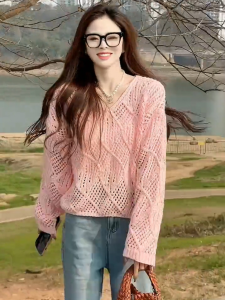 Atasan rajutan baru gaya Korea lengan panjang kemeja longgar kasual