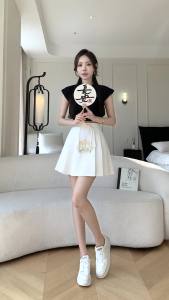 Ammin 2024 mùa hè mới Trung Quốc r viền khóa đĩa thiết kế váy cạp cao nữ phong cách Trung Quốc định vị thêu tinh tế Hoa A-line chống trượt