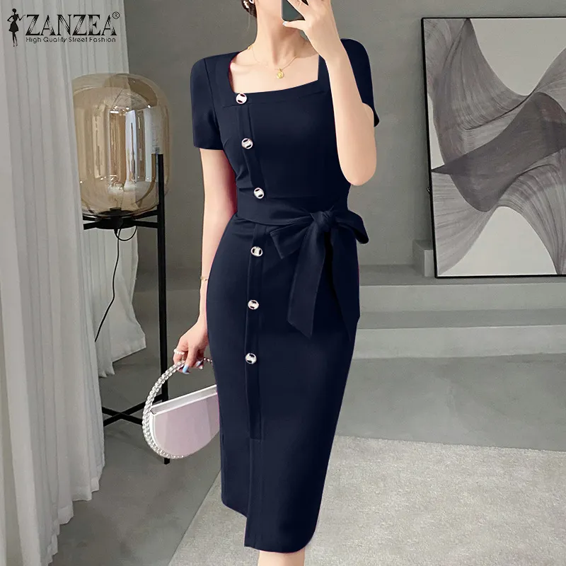 Celmia ZANZEA Korean Style Womens OL Work Solid Dress Formal