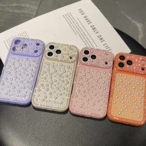 Luxury Shiny 3D Full Cream Pearl Diamond Pattern Cases For iPhone 17 Pro Max Air 16 Pro 15 14 13 12 11 Glitter Shockproof Cover