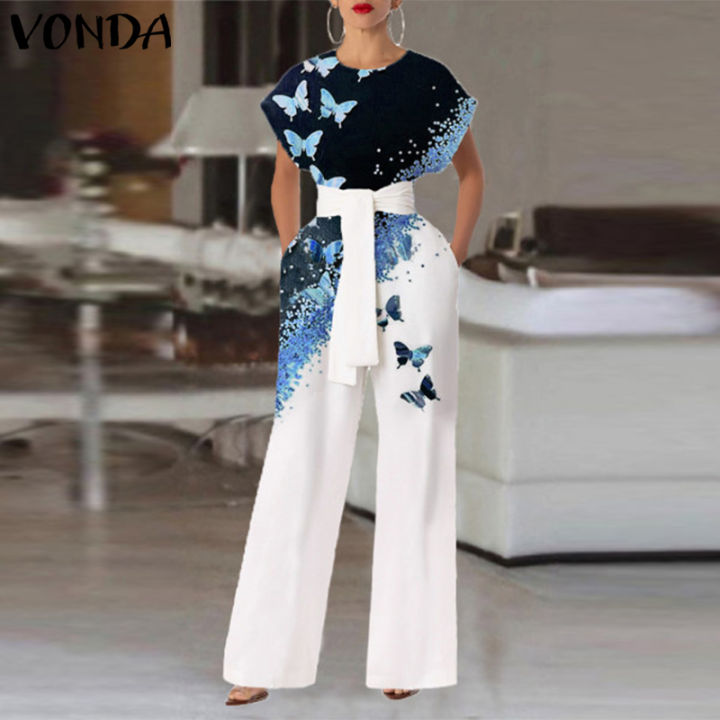 VONDA Women Short Sleeve Elegant Party Wide Leg Jumpsuits Vintage Printed  Playsuits Palazzo (Western Fashion)