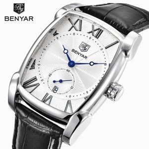 BENYAR Watch for Men Date Week Moon Phases Square 3ATM Waterproof Black Brown Blue Leather Strap Fashion Casual Classic Retro Rectangle Mens Wrist Watches Perfect Gifts for Friend