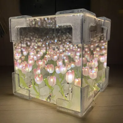 MLADEN Tulip Night Light DIY Tulip Mirror Cube Table Lamp Bedroom Decor LED Atmosphere Lamp Gifts