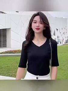 Slim Fit Modal V Neck T Shirt Womens Summer New Style plus Size Five Sleeve Outerwear Base Shirt Korean Style Commute
