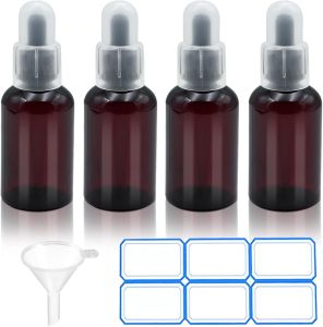 4 Pack 2 Oz (50ml) Amber Essential Dropper Bottles Plastic with Tags and Funnels Empty Leak-Proof Containers for Essential Oils Watercolor Paints