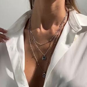 New Acrylic Square Pendant Metal Round Bead Chain Multi-layer Fold Wear Necklace for Women Trendy Personality Jewelry Gifts