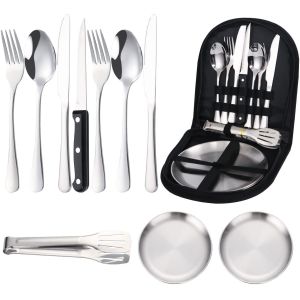 10PCS Stainless Steel Camping Cutlery Set for 2 - Knife/Fork/Spoon/Plate Durable for Camping BBQs & Outdoor Cooking