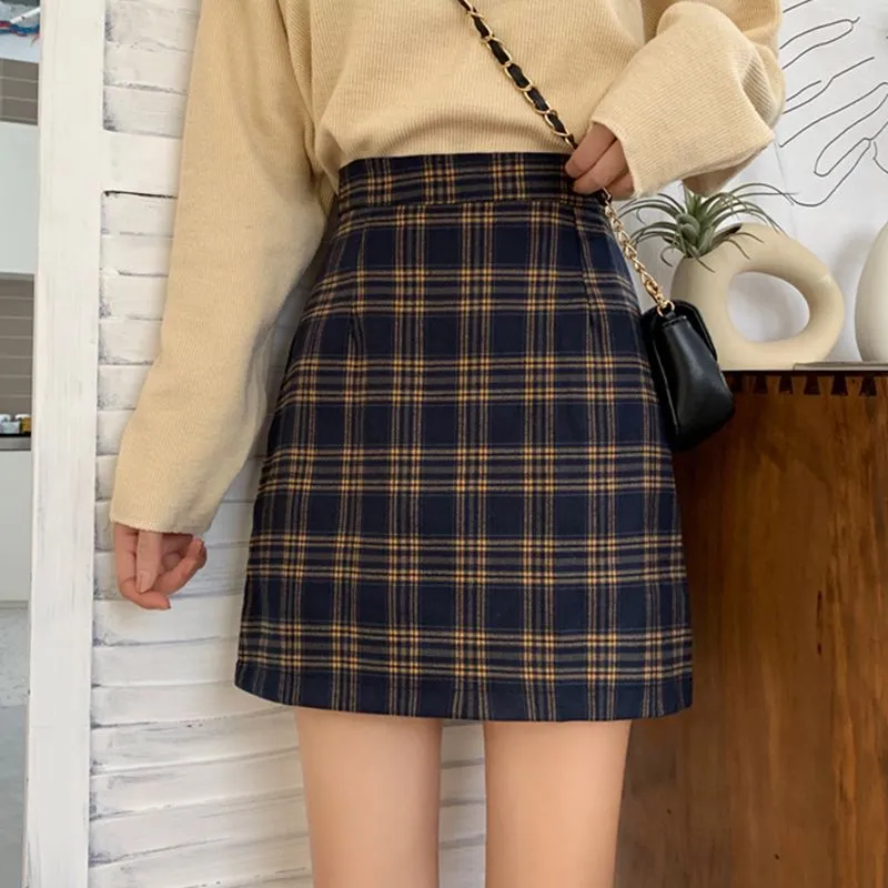 Fashion Women Skirts 2022 Summer New Korean High Waist Skirt Women  Checkered Skirt