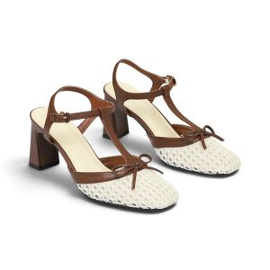 Giày Sandal Cao Gót Nữ 7cm Mũi Vuông Vải Lưới Phối Nơ Thời Trang Pixie H463