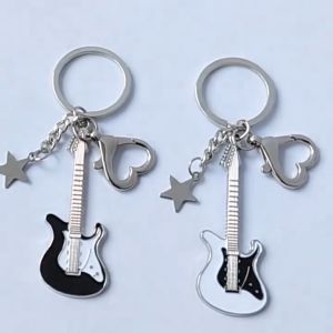 Electric Guitar Keychain Set Black White Star Heart Charm for Couple Love Heart Star Key Chain