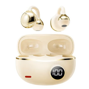 KEBETEME Open Ear Clip On Wireless Bluetooth Earbuds Digital LED Power Display Charging Case Air Conduction Sports Earphones Waterproof Touch Control TWS Headphones for Running Gym