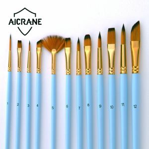 AICRANE 12 Pcs/set nilon artis cat berus profesional cat air akrilik kayu mengendalikan lukisan berus seni bekalan alat tulis