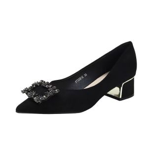 2 inches High heels for women Pointed toe Black Comfortable Block heels Plus Size Single shoe rhinestone Work shoes