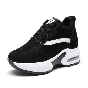 รองเท้าผ้าใบสำหรับผู้หญิงเพิ่มความสูง9ซม.รองเท้าแพลตฟอร์มสีขาวหนังสไตล์เกาหลีส้นลำลองสีดำ