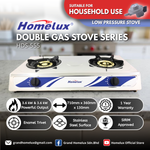 [ SIRIM ] HOMELUX HIGH QUALITY STAINLESS STEEL DOUBLE BURNER GAS STOVE HDS-555 LOW PRESSURE